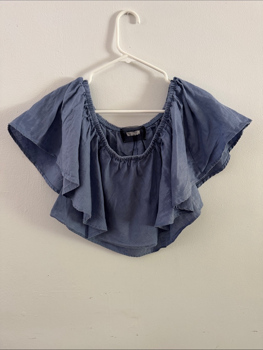 Reformation Dusty Blue Ruffle Off-Shoulder Crop Top Sz S